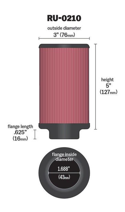 K&N Engineering K&N Filter Universal Rubber Filter 1-11/16in FLG / 3in OD / 5in Height RU-0210