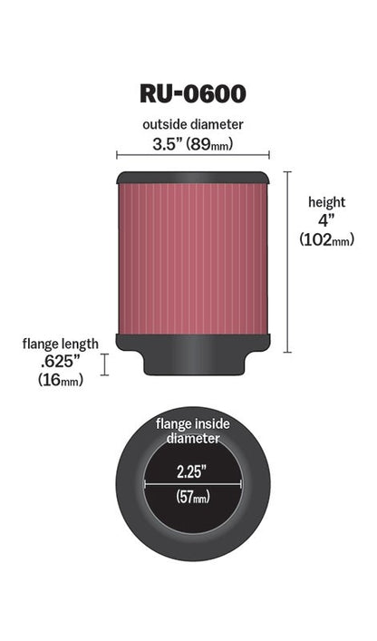 K&N Engineering K&N Filter Universal Rubber Filter 2 1/4 inch Flange 3 1/2 inch OD 4 inch Height RU-0600