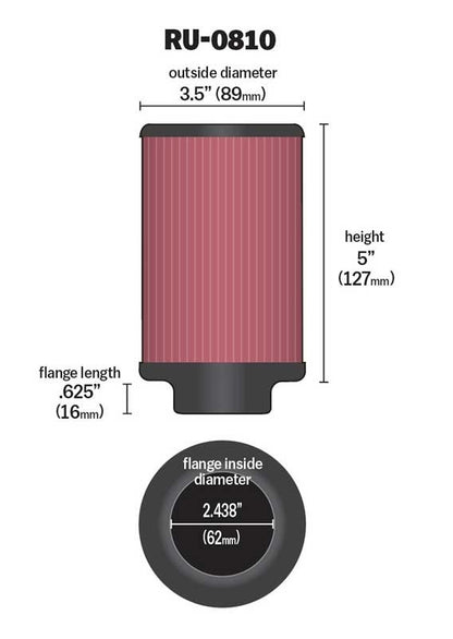 K&N Engineering K&N Universal Rubber Filter 2.438in Flange ID x 3.5in OD x 5in Height for 97-98 Yamaha TDM850 RU-0810