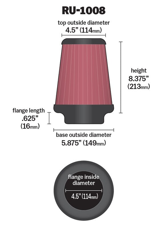 K&N Engineering K&N Universal Clamp-On Air Filter 4-1/2in FLG / 5-7/8in B / 4-1/2in T / 8-3/8in H RU-1008