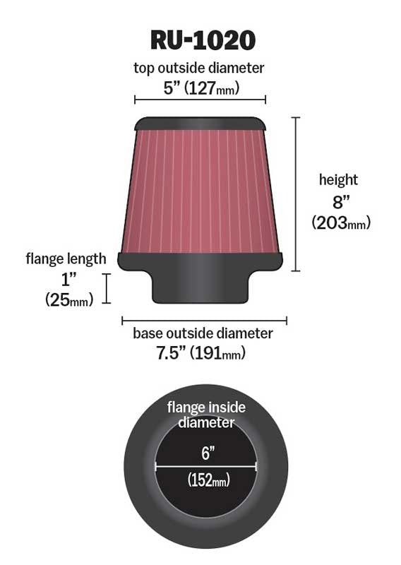 K&N Engineering K&N Universal Tapered Filter 6in Flange ID x 7.5in Base OD x 5in Top OD x 8in Height RU-1020