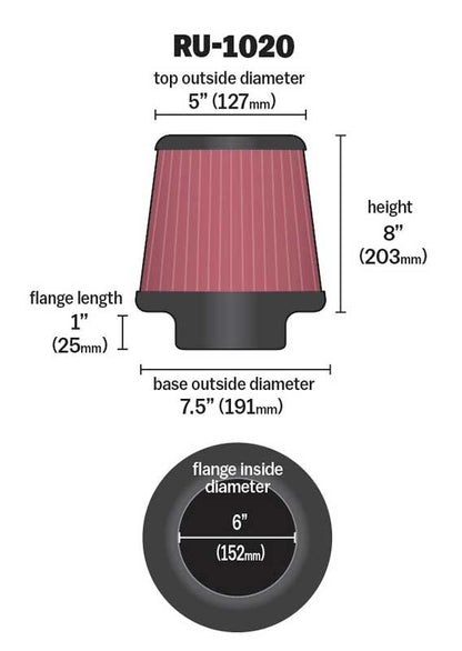 K&N Engineering K&N Universal Tapered Filter 6in Flange ID x 7.5in Base OD x 5in Top OD x 8in Height RU-1020