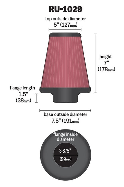 K&N Engineering K&N Universal Clamp-On Air Filter 3-7/8in FLG / 7-1/2in B / 5in T / 7in H RU-1029