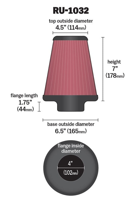 K&N Engineering K&N Universal Clamp-On Air Filter 4in FLG / 6-1/2in B / 4-1/2in T / 7in H RU-1032