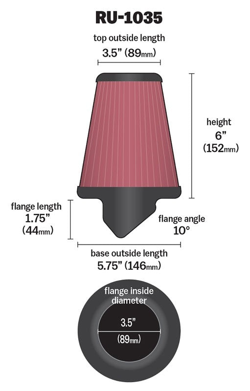 K&N Engineering K&N Filter Universal Rubber Filter 3 1/2 inch 10 Degree Flange 5 3/4 inch OD 6 inch Height RU-1035