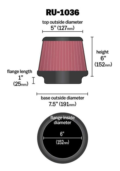 K&N Engineering K&N Universal Clamp-On Air Filter 6in FLG / 7-1/2in B / 5in T / 6in H RU-1036