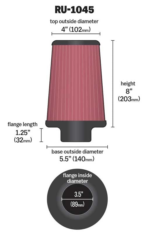 K&N Engineering K&N Universal Tapered Filter 3.5in Flange ID x 5.5in Base OD x 4in Top OD x 8in Height RU-1045