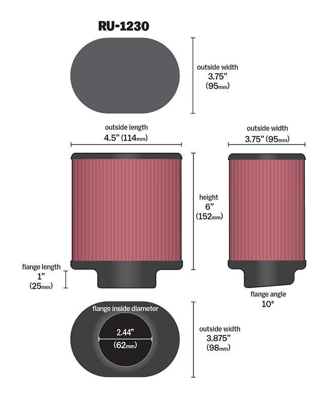 K&N Engineering K&N Universal Oval Clamp-On Air Filter 2.438in Flange / 6in Height Oval RU-1230