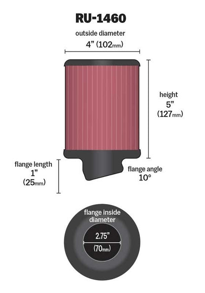 K&N Engineering K&N Filter Universal Rubber Filter 2 3/4 inch 10 Degree Flange 4 inch OD 5 inch Height RU-1460