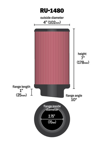 K&N Engineering K&N Filter Universal Rubber Filter 10 Degree Flange Angle 4in OD x 2.75in Flange ID x 7in H RU-1480