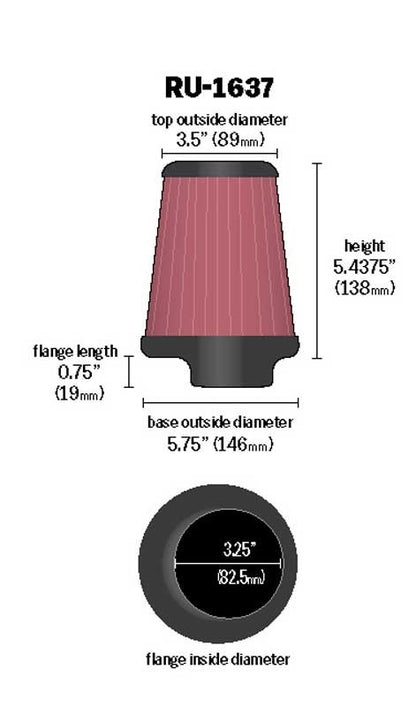 K&N Engineering K&N Universal Clamp-On Air Filter 3-1/4in FLG / 5-3/4in B / 3-1/2in T / 5-7/16in H RU-1637