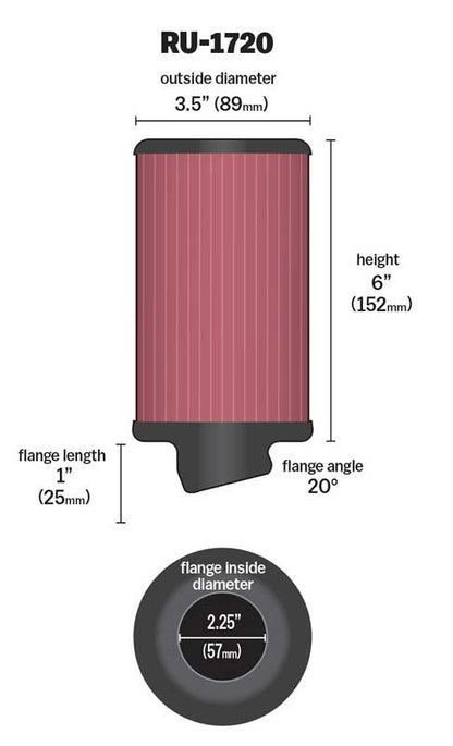 K&N Engineering K&N Filter Universal Rubber Round Air Filter 20 Deg Flange Angle 2.25in Flange ID x 3.5in OD x 6in H RU-1720