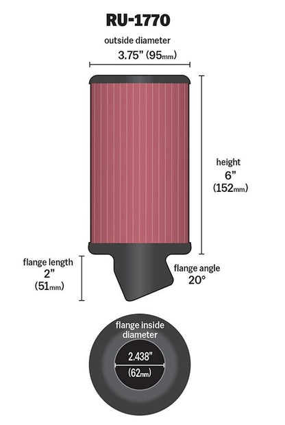 K&N Engineering K&N Filter Universal Rubber Filter 2 7/16 inch 20 Degree Flange 3 3/4 inch OD 6 inch Height RU-1770