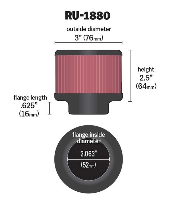 K&N Engineering K&N Universal Round Clamp-On Air Filter 2-1/16in Flange 3in OD 2-1/2in Height RU-1880