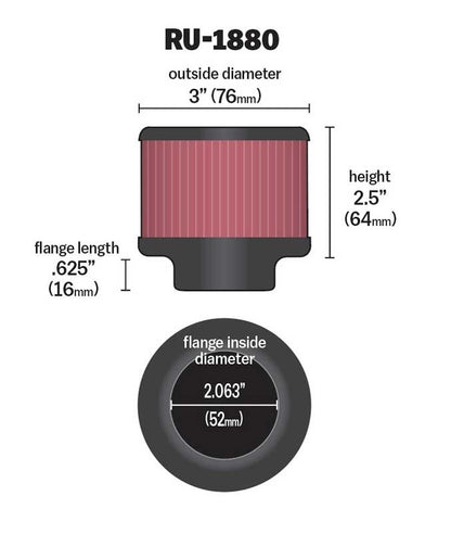 K&N Engineering K&N Universal Round Clamp-On Air Filter 2-1/16in Flange 3in OD 2-1/2in Height RU-1880