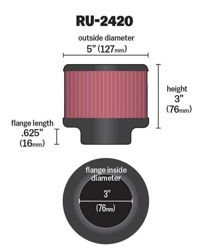 K&N Engineering K&N Universal Rubber Filter 3 inch Flange 5 inch OD 3 inch Height RU-2420