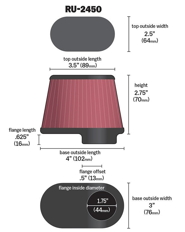K&N Engineering K&N Univ Clamp-On Air Filter - 1-3/4in FLG O/S 4in X 3in B 3in X 2in T 2-3/4inH OVAL RU-2450