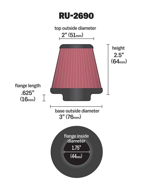 K&N Engineering K&N Filter Universal Rubber Filter 1 3/4 inch Flange 3 inch Base 2 inch Top 2.5 inch Height RU-2690