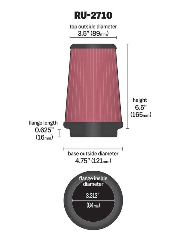 K&N Engineering K&N Universal Rubber Filter Round Tprd 3.313in Flange ID x 4.75in Base OD x 3.5in Top OD x 6.5in H RU-2710