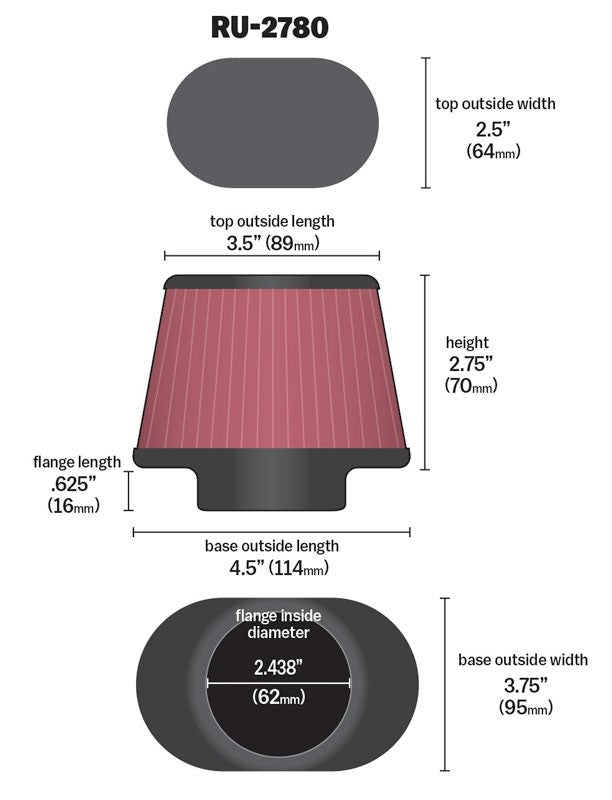K&N Engineering K&N Filter Universal Rubber Filter 2 7/16 inch Flange 4.5x3.75 inch Base 3.5x2.5 inch Top 2.75 inch RU-2780