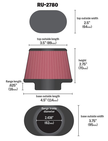 K&N Engineering K&N Filter Universal Rubber Filter 2 7/16 inch Flange 4.5x3.75 inch Base 3.5x2.5 inch Top 2.75 inch RU-2780