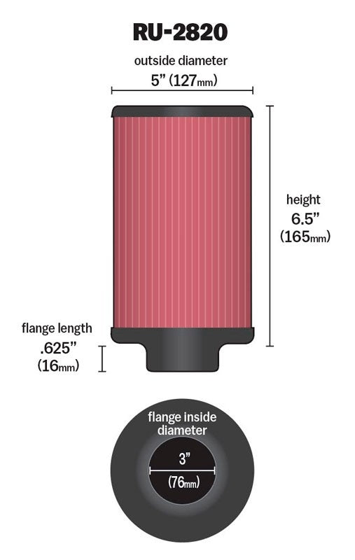 K&N Engineering K&N Filter 3 inch Flange 5 inch OD 6 1/2 inch Height RU-2820