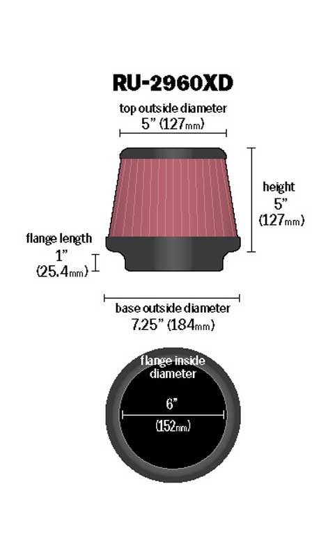 K&N Engineering K&N Universal Tapered Filter 6in Flange ID x 7.5in Base OD x 5in Top OD x 5in Height RU-2960XD