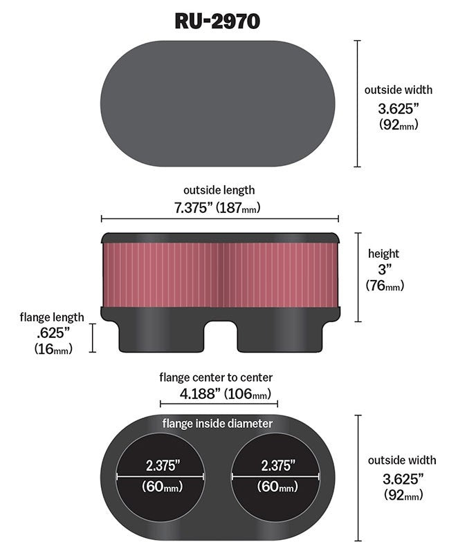 K&N Engineering K&N Filter Universal  Filter 2 3/8 inch Dual Flange 107mm C-C 3 inch Height RU-2970