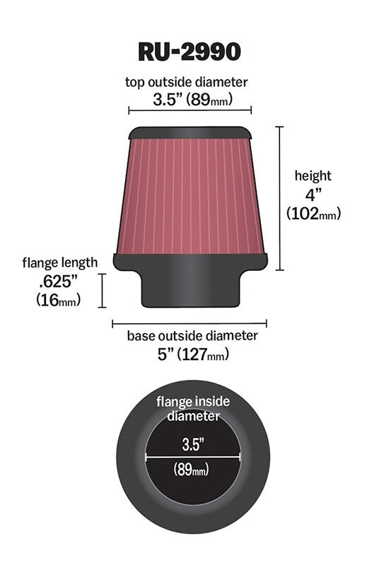 K&N Engineering K&N Filter Universal Rubber Filter 3 1/2 inch Flange 5 inch Base 3 1/2 inch Top 4 inch Height RU-2990