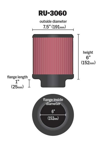 K&N Engineering K&N Universal Rubber Filter 6in FLange ID / 7.5in OD / 6in Height / Round Straight RU-3060