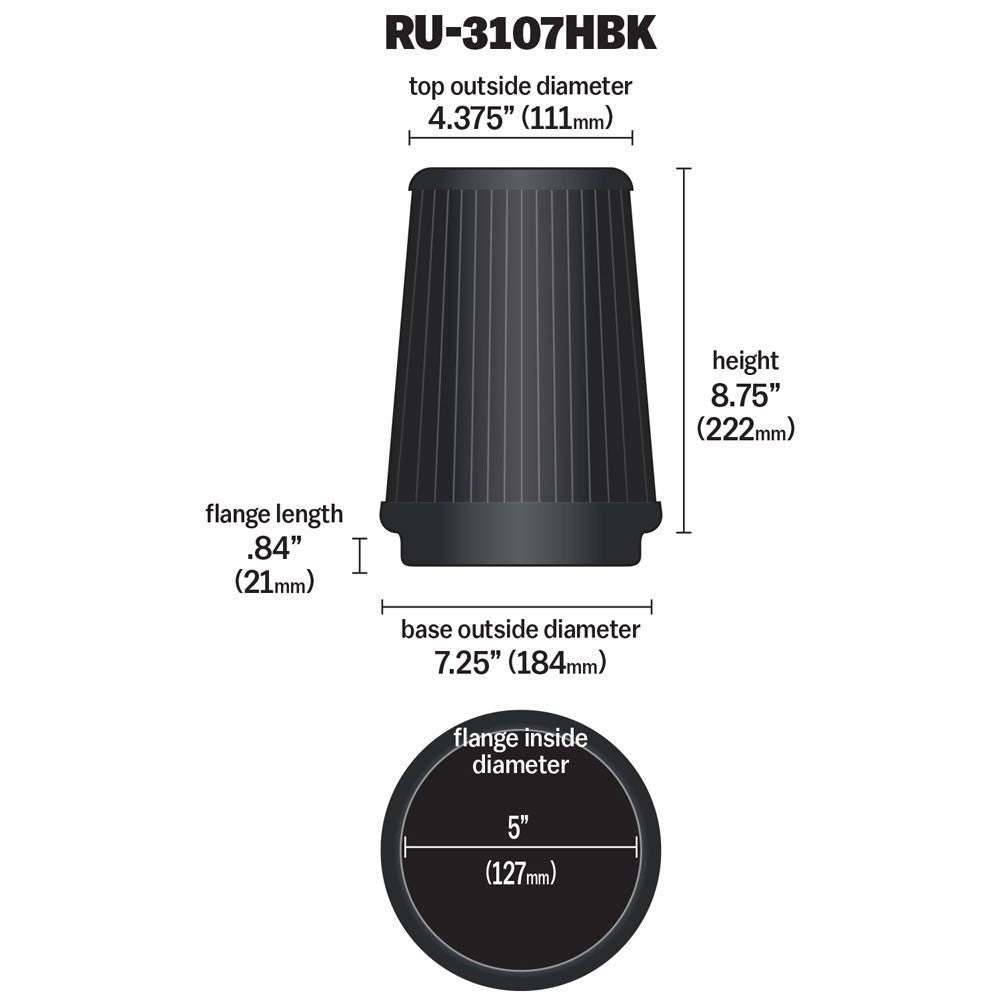K&N Engineering K&N Universal Air Filter (5in Flange / 6-1/2in Base / 4-3/8in Top OD / 8-3/4in Height) RU-3107HBK