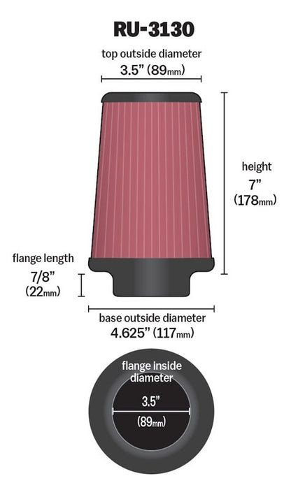 K&N Engineering K&N Filter Universal Rubber Filter 3 1/2 inch Flange 4 5/8 inch Base 3 1/2 inch Top 7 inch Height RU-3130