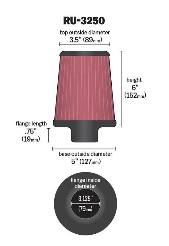 K&N Engineering K&N Universal Tapered Filter 3.125in Flange ID x 5in Base OD x 3.5in Top OD x 6in Height RU-3250