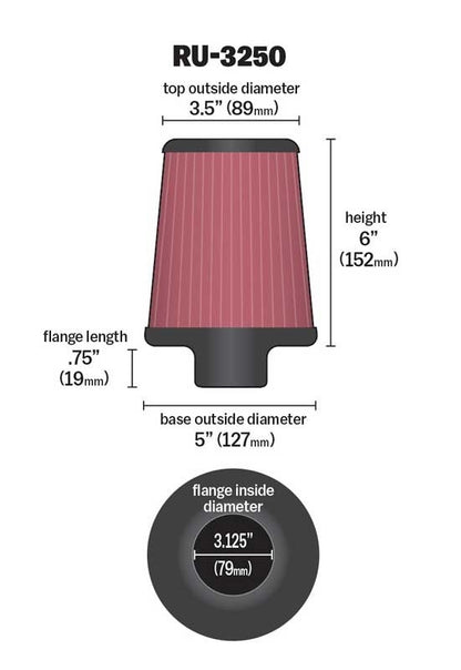 K&N Engineering K&N Universal Tapered Filter 3.125in Flange ID x 5in Base OD x 3.5in Top OD x 6in Height RU-3250