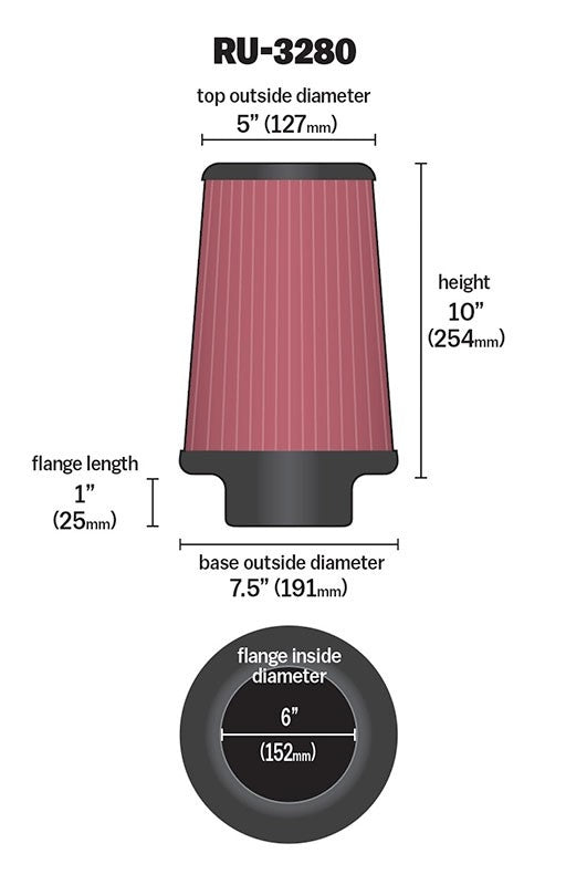 K&N Engineering K&N Filter Universal Rubber Filter 6 inch Flange 7.5 inch Base 5 inch Top 10 inch Height RU-3280