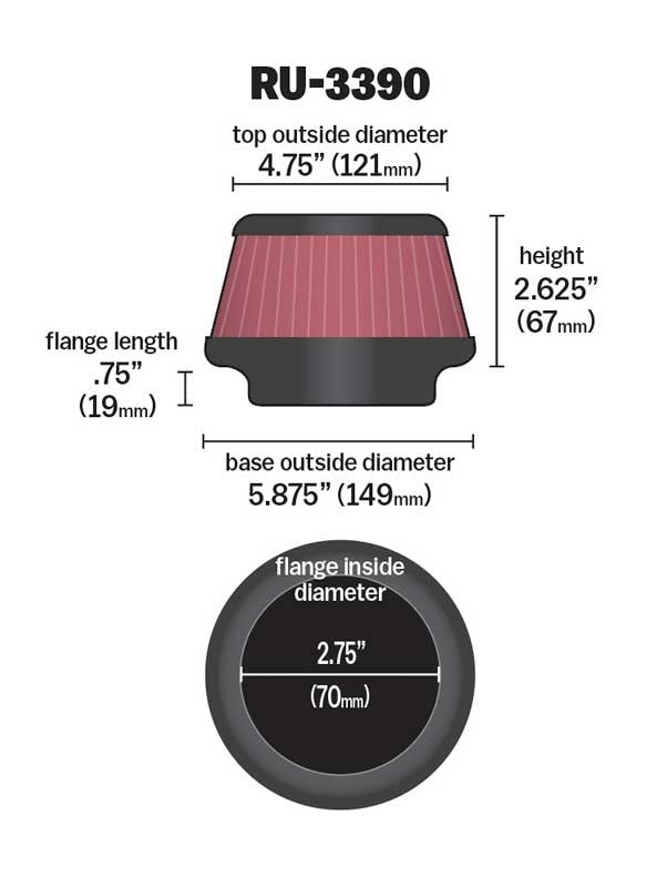 K&N Engineering K&N Filter Universal Rubber Filter 2.75 Flange, 5.87 Base, 4.75 Top, 2.62 Height RU-3390