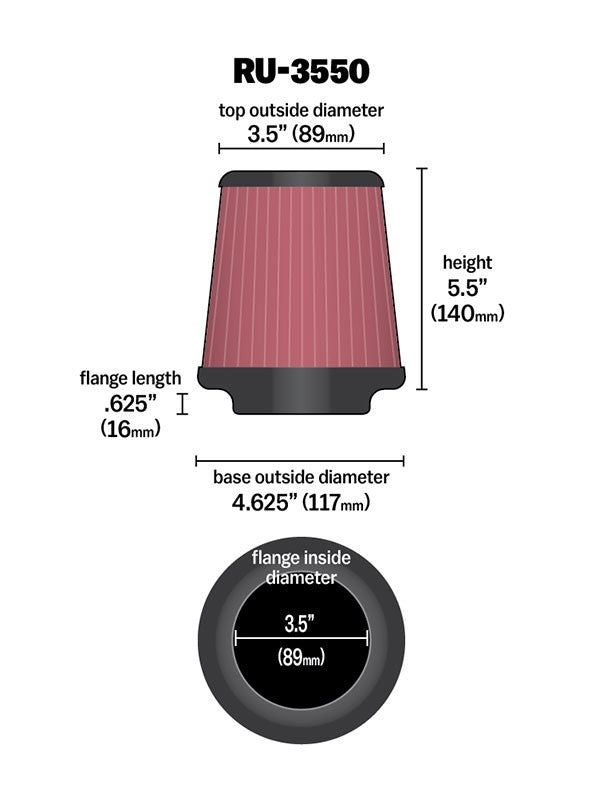 K&N Engineering K&N Universal Rubber Filter 3 1/2 inch FLG / 4 5/8 inch Base / 3-1/2 inch Top / 5 1/2 inch Height RU-3550