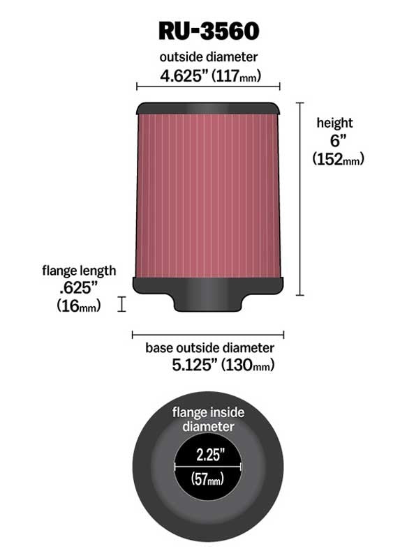 K&N Engineering K&N Universal Rubber Filter 2-1/4in FLG x 5-1/8in Base x 4-5/8in Top x 6in Height RU-3560