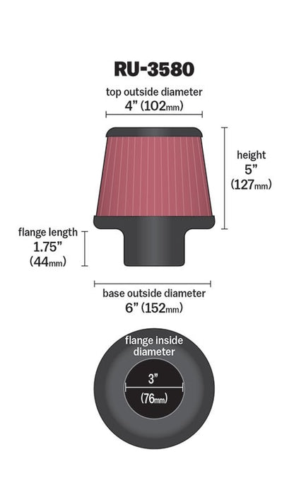 K&N Engineering K&N Filter Universal Rubber Filter 3 Inch Flange 6 inch Base 4 inch Top 5 inch Height RU-3580