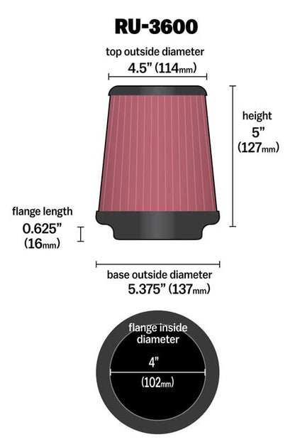 K&N Engineering K&N Universal Air Filter 4in Flange / 5-3/8 in Base / 4-1/2in Top / 5in Height RU-3600