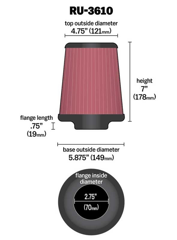 K&N Engineering K&N Universal Rubber Filter 2.75in Flange ID x 5.875in Base OD x 4.75in Top OD x 7in Height RU-3610