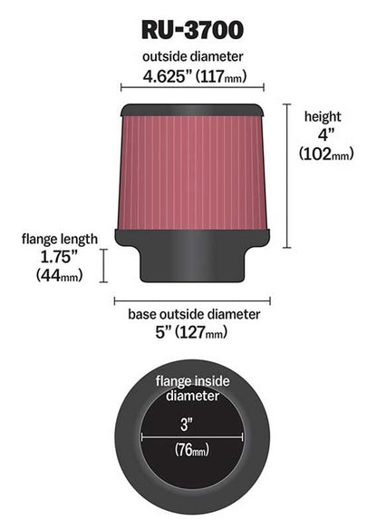 K&N Engineering K&N Univeral Rubber Filter Round Tapered 4.625in Top OD x 5in Base OD x 4in H RU-3700