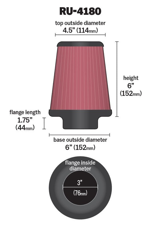 K&N Engineering K&N Universal Clamp-On Air Filter 3in FLG / 6in B / 4-1/2in T / 6in H RU-4180