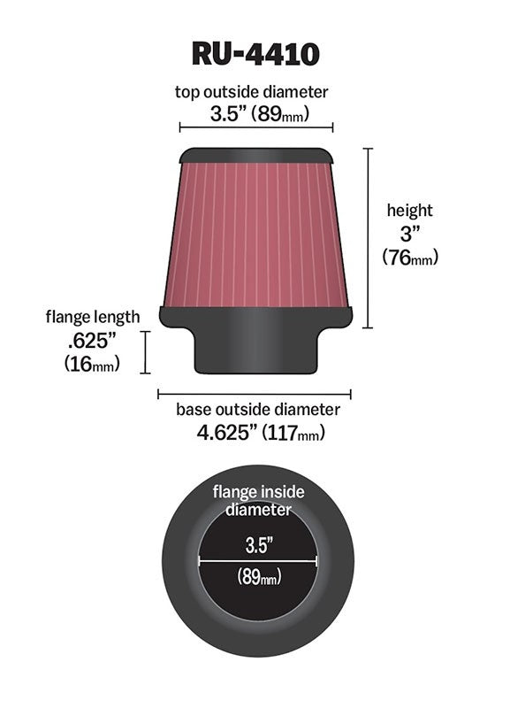 K&N Engineering K&N Filter Universal Rubber Filter 3 1/2 inch Flange 4 5/8 inch Base 3 1/2 inch Top 3 inch Height RU-4410