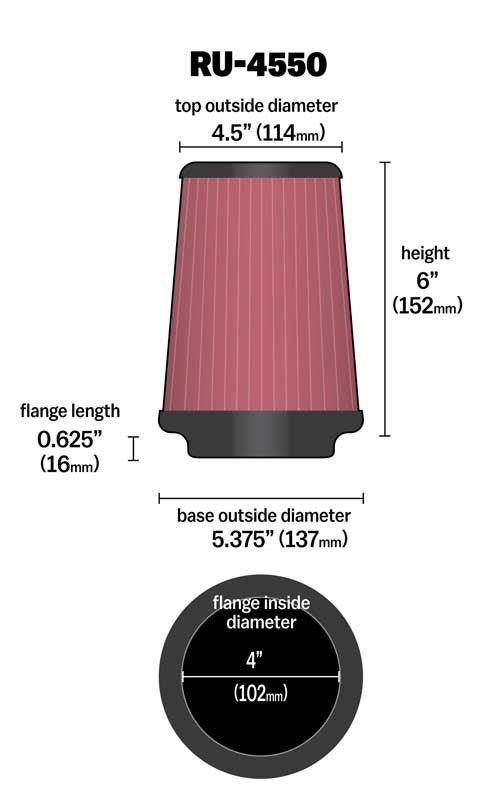 K&N Engineering K&N Universal Air Filter 4in Flange / 5-3/8in Base / 4-1/2in Top / 6in Height RU-4550