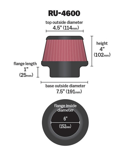 K&N Engineering K&N Filter 6 inch Flange 7.5 inch Base 4.5 Top 4 inch Height RU-4600