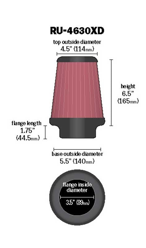 K&N Engineering K&N Universal Air Filter 3-1/2in Flange / 5-1/2in Base / 4-1/2in Top / 6-1/2in Height RU-4630XD