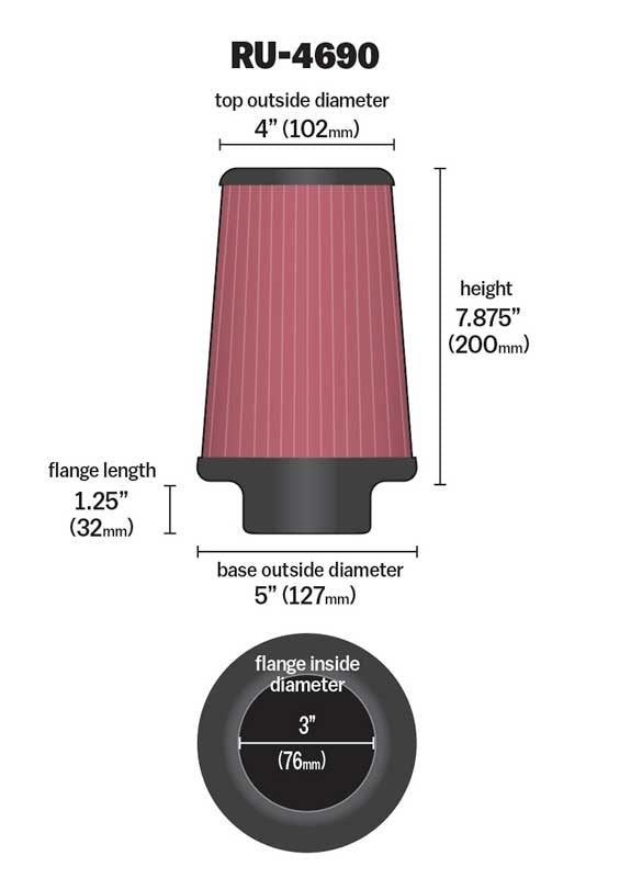 K&N Engineering K&N Universal Round Tapered Filter 3 inch FLG / 5 inch Bottom / 4 inch Top / 7 7/8 inch Height RU-4690