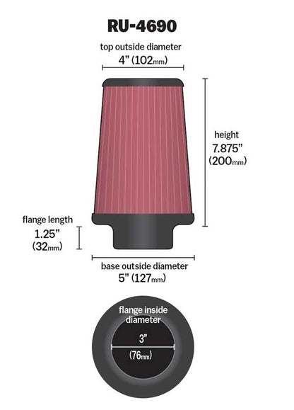 K&N Engineering K&N Universal Round Tapered Filter 3 inch FLG / 5 inch Bottom / 4 inch Top / 7 7/8 inch Height RU-4690