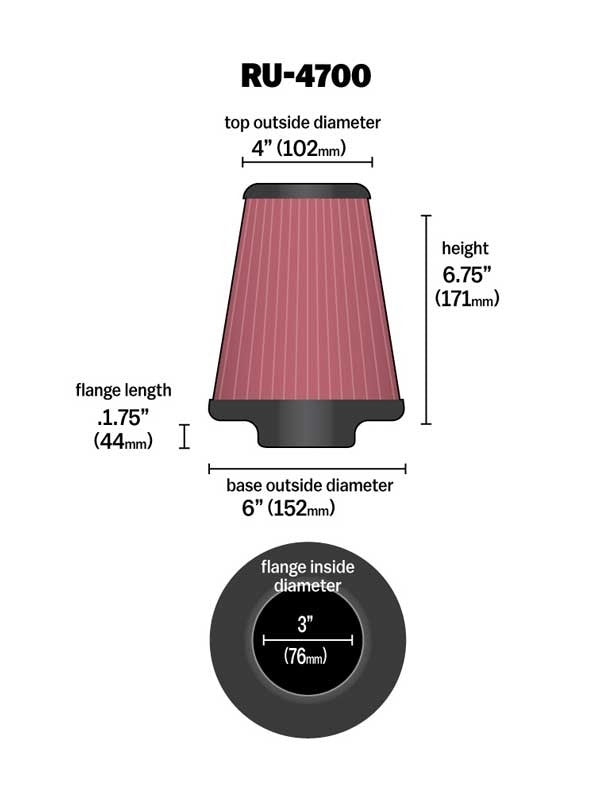K&N Engineering K&N Universal Tapered Filter 3in Flange ID x 6in Base OD x 4in Top OD x 6.75in Height RU-4700